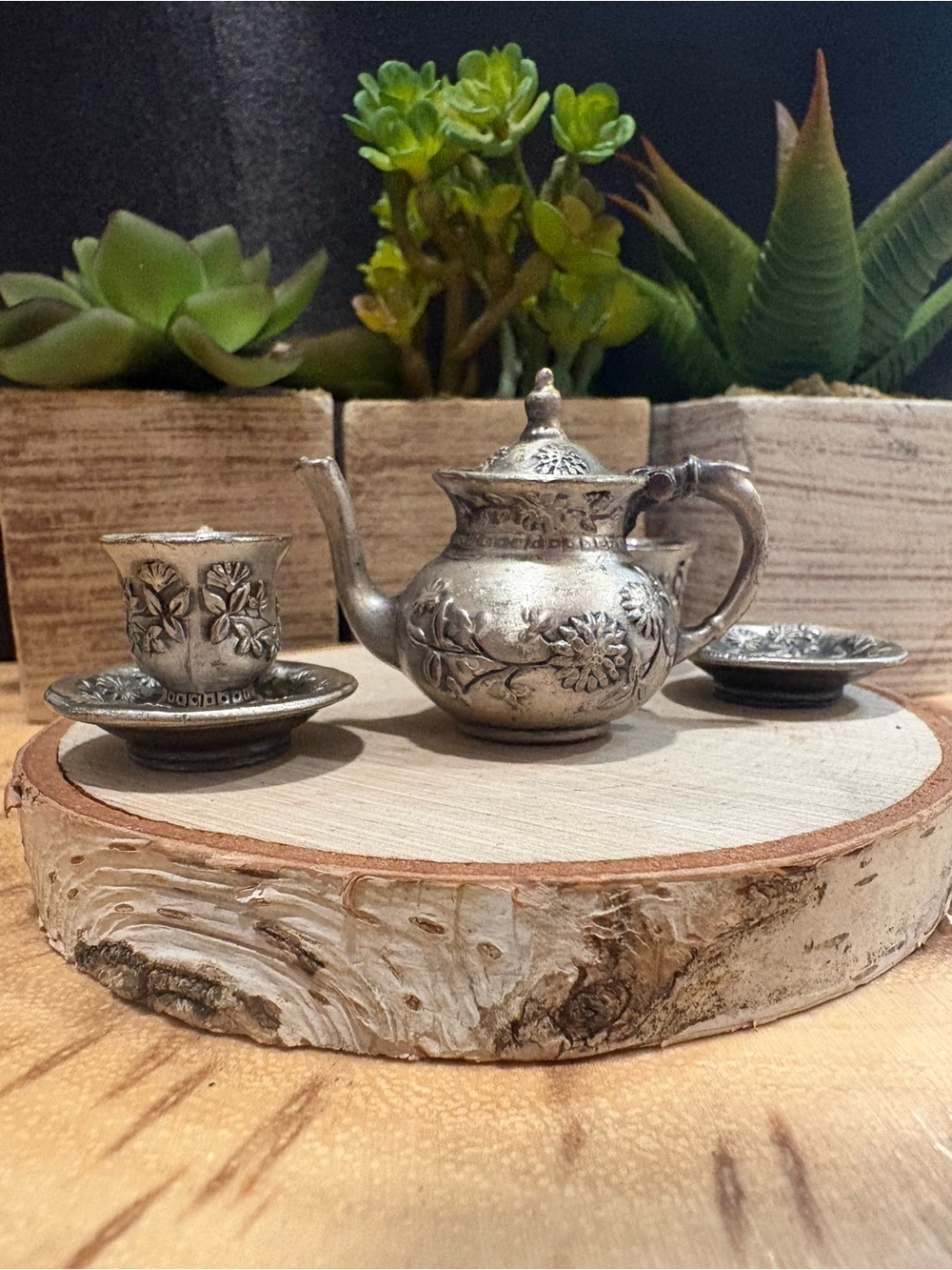 Vintage Style Silvertone Floral Tea Set - Decorative Mini Set